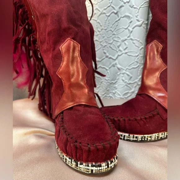 Bohemian Fringe Knee-High Moccasin Boots - Wine (6)‼️NWOB‼️ - Picture 6 of 15